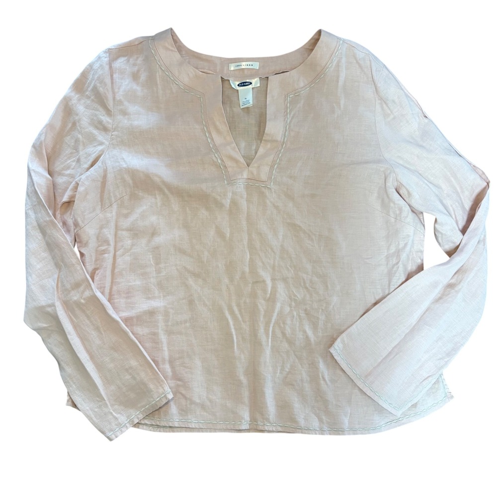 Old Navy Pink 100% Linen Embroidered Split Neck Tunic Top XL y2k boho minimalist